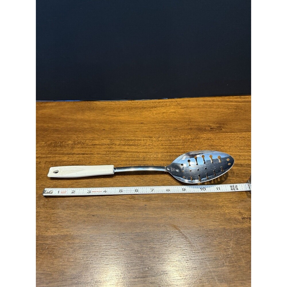 Vintage Ekco Chromium Plated Slotted Spoon White Handle Made in USA 12"